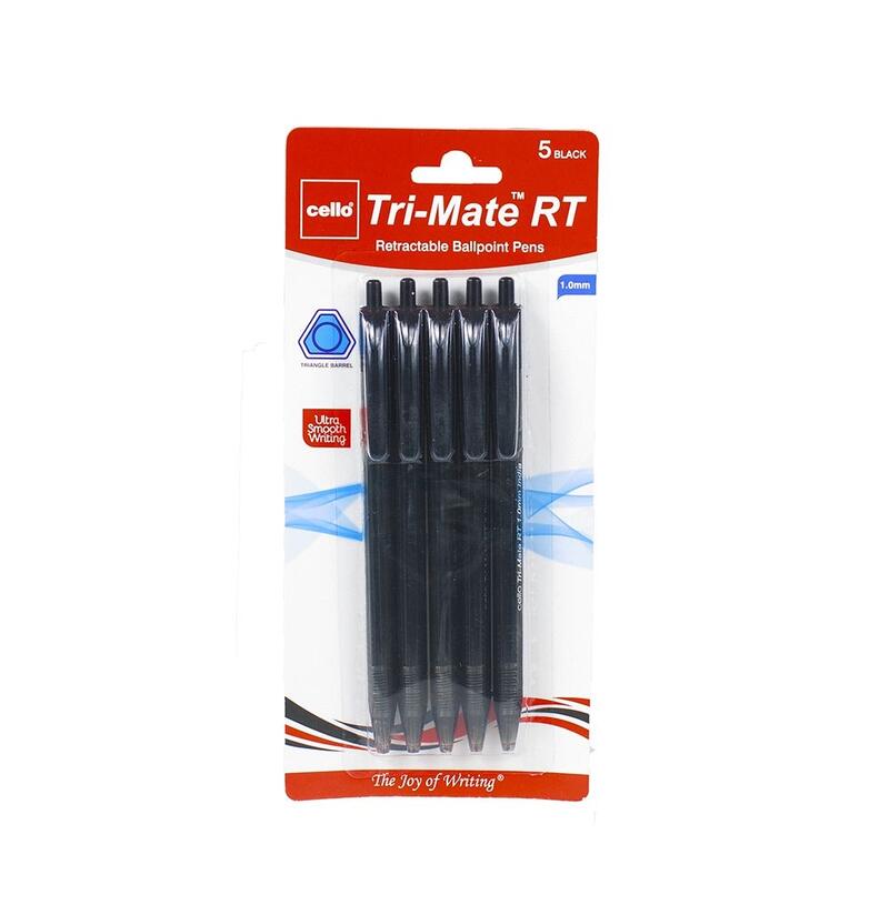 Cello Tri-Mate Retractable Black Ball Pen 5 pack