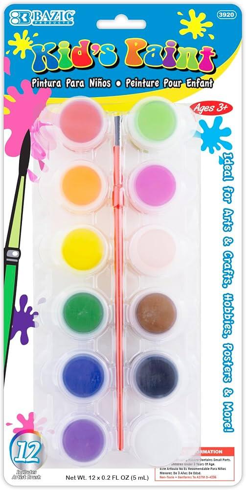Bazic 12 Color Kids Paint w/Brush 0.17oz